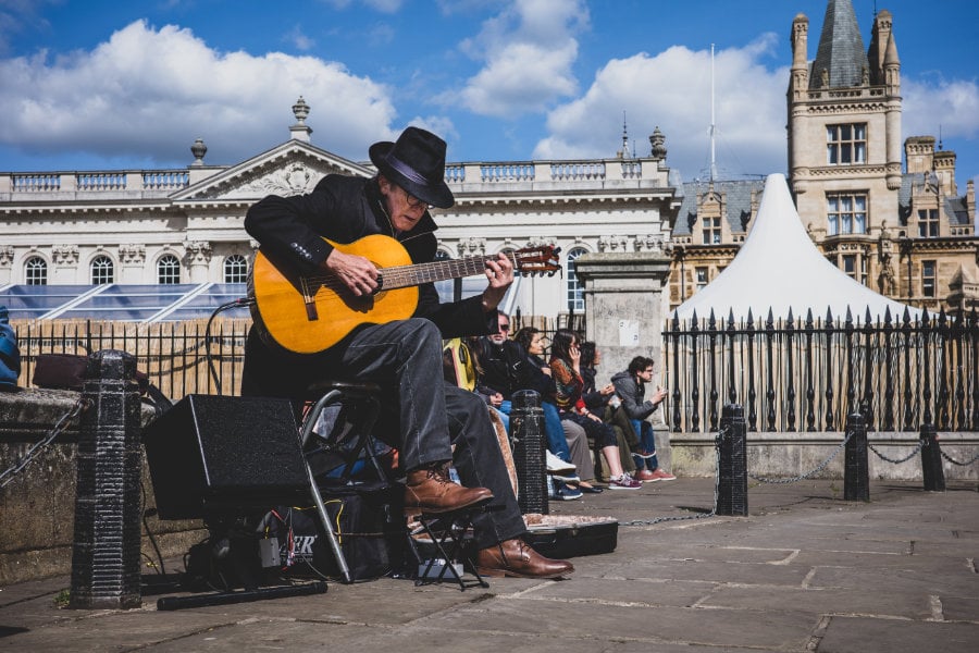  Photo of a busker playing guitar in London<